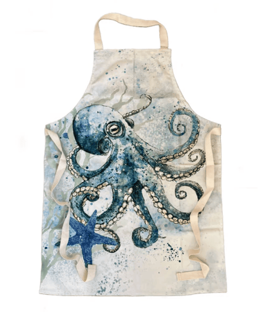 Apron with octopus and starfish design on a white background