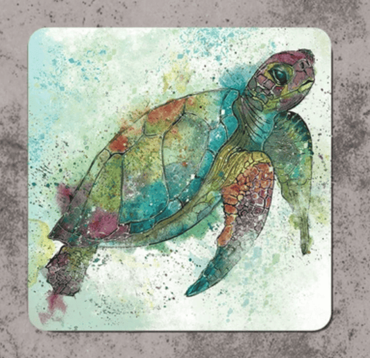 A square coaster with rounded corners featuring a colorful watercolor painting of a sea turtle on a textured gray background.