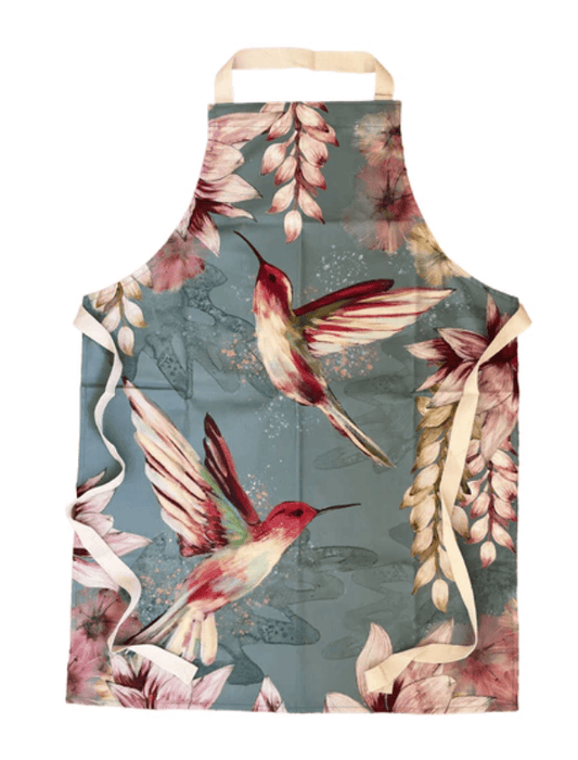 Kitchen apron with hummingbird and floral design on a gray background