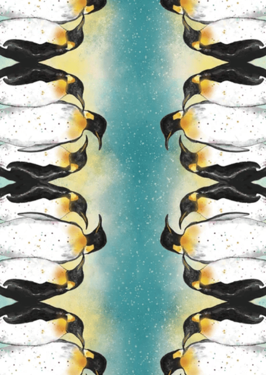 A symmetrical art print featuring a mirrored pattern of penguins on either side of a vertical teal and yellow-green center stripe.