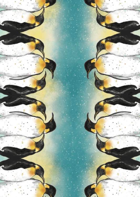 A symmetrical art print featuring a mirrored pattern of penguins on either side of a vertical teal and yellow-green center stripe.