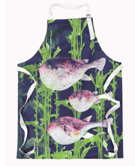Apron with puffer fish and seaweed design on a white background