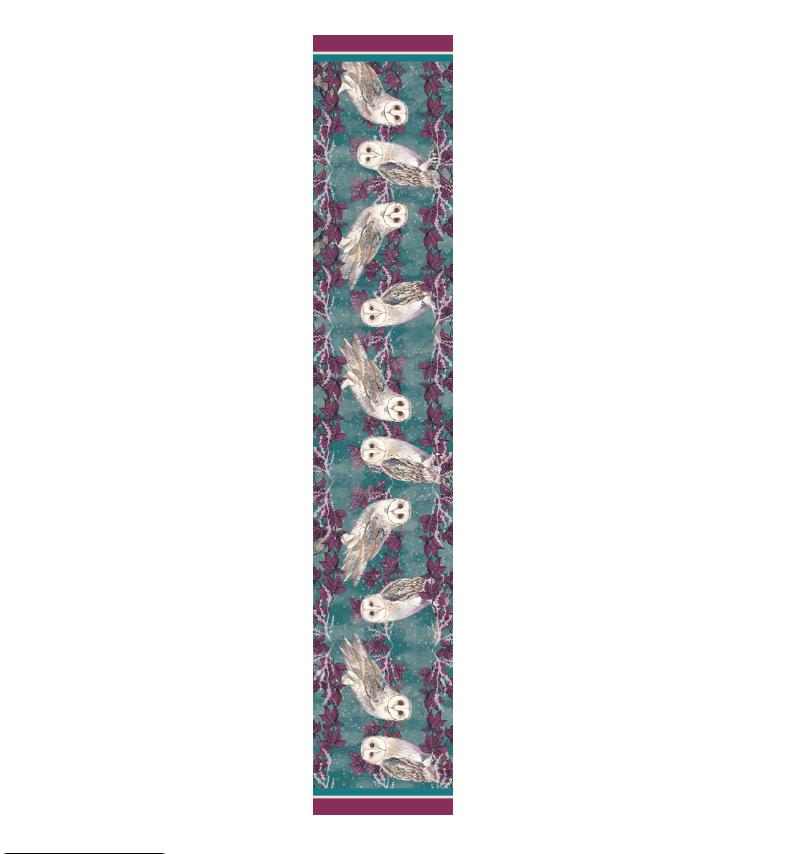 A narrow rectangular textile or rug sample shown flat against a white background, featuring a repeating owl pattern on a teal ground with pink and purple floral accents and magenta borders at the top and bottom.
