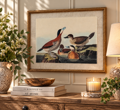 A framed vintage-style duck painting hangs on a cream paneled wall above a wooden console table styled with books, a bowl, a candle, and potted plants. The frame is gold-toned, and the artwork shows several ducks and waterfowl in natural colors.