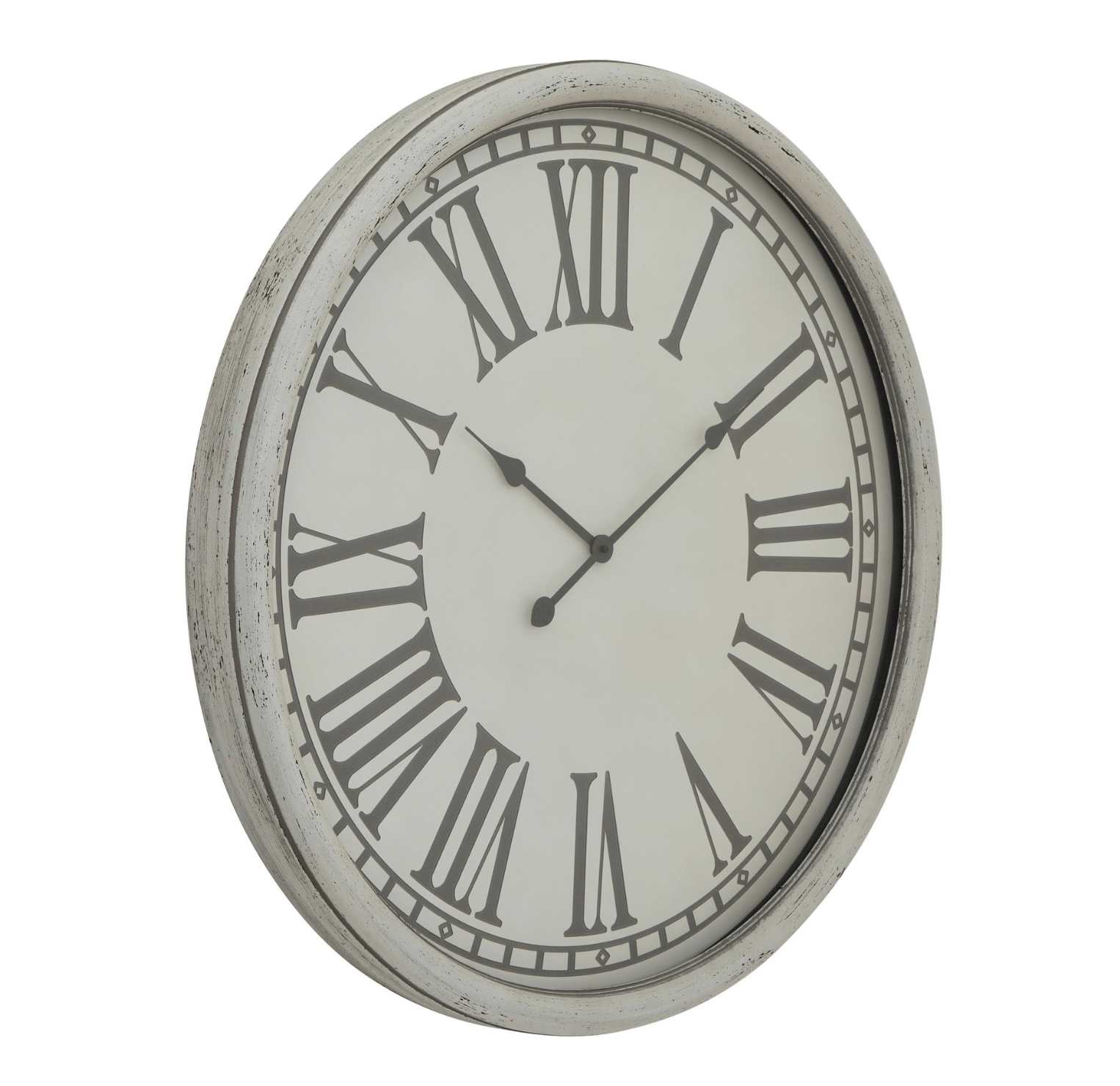 Decorative wall clock with Roman numeral markers on a white background