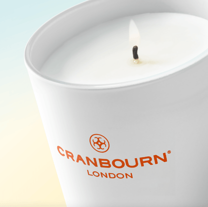 Escape to Santorini burning White Candle detail by Cranbourn London.