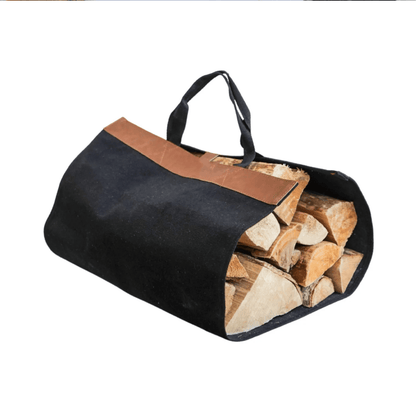Black carrying bag with brown top section holding firewood on a white background
