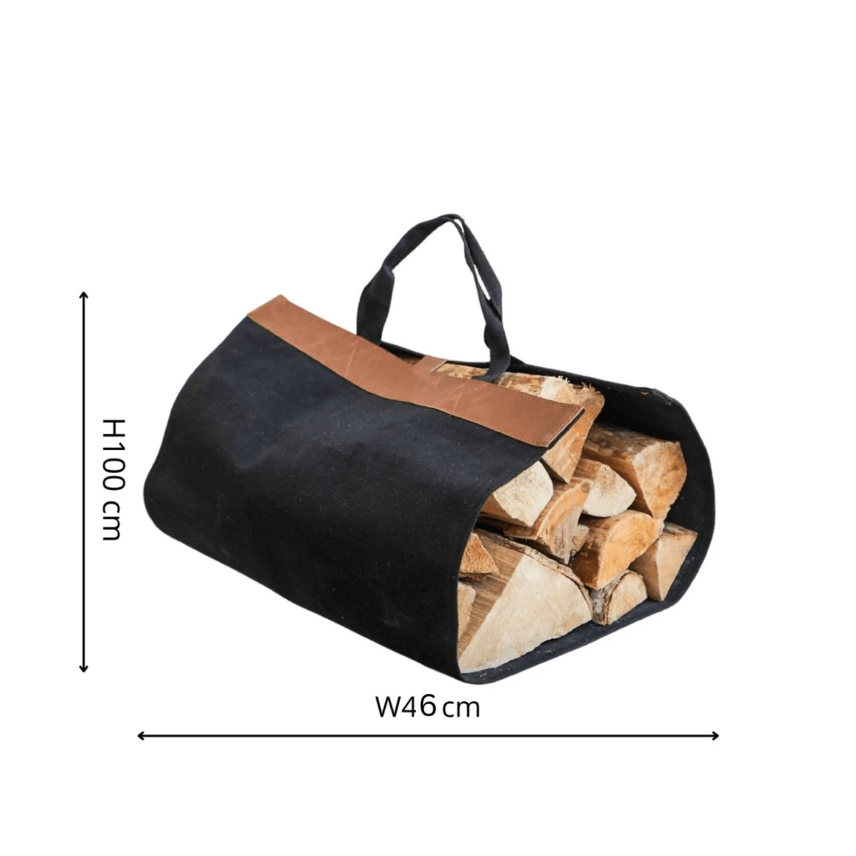Black and brown firewood carrier with dimensions on a white background