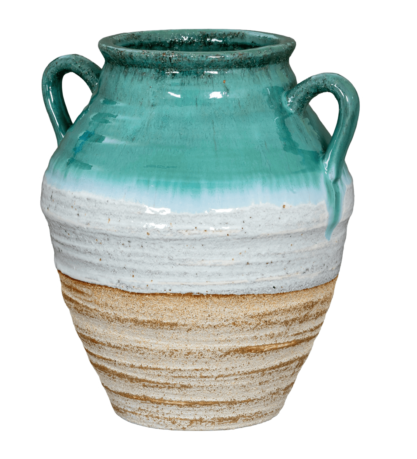 Ceramic vase with two handles and a gradient glaze on a white background
