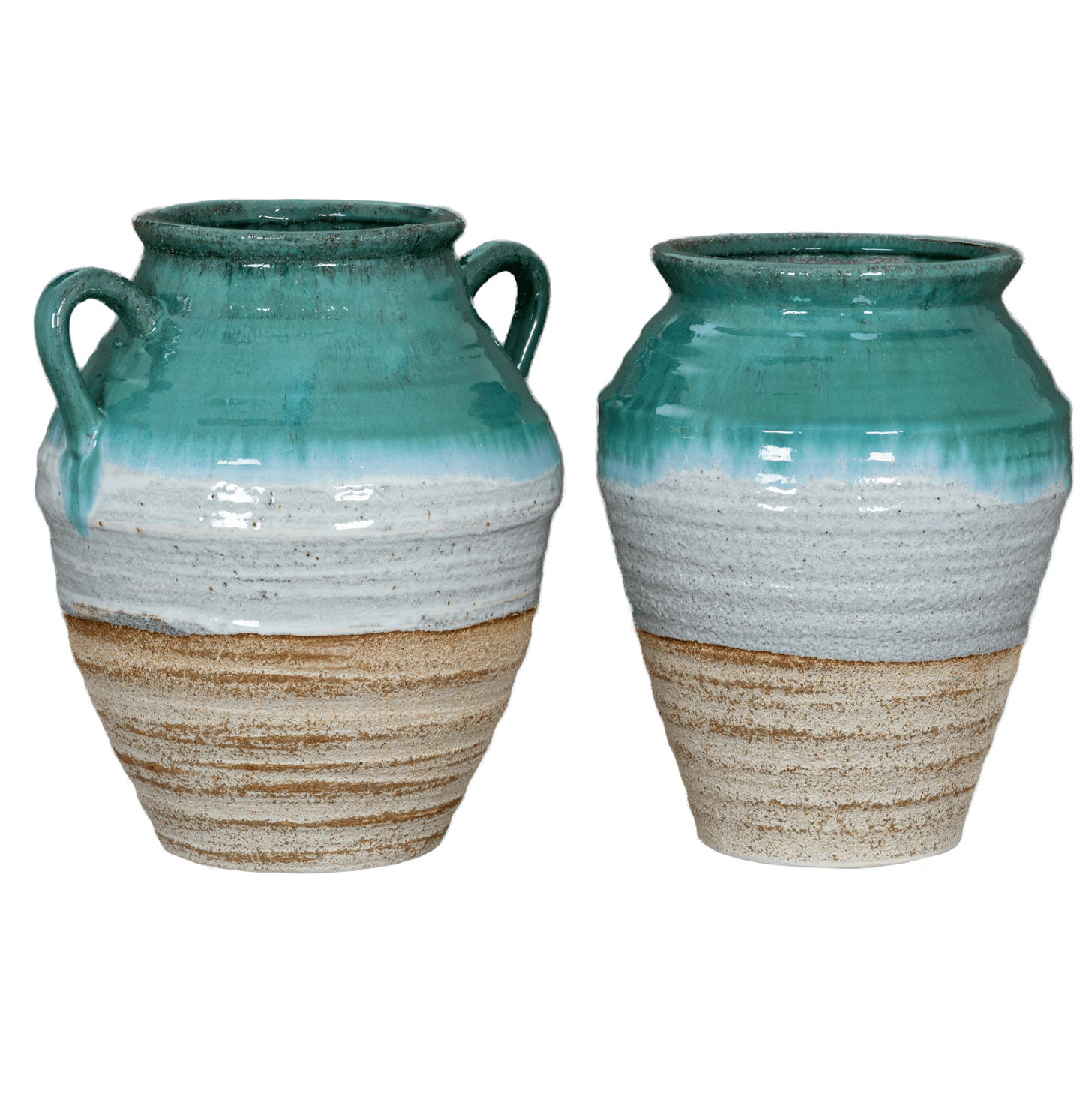 Two ceramic vases with a blue and beige gradient on a white background