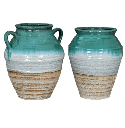 Two ceramic vases with a blue and beige gradient on a white background