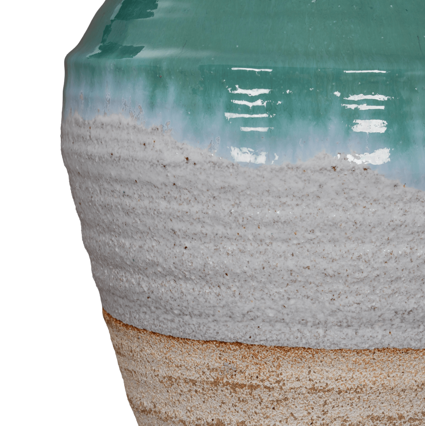 Close-up of a ceramic vase with a textured base and greenish top on a white background