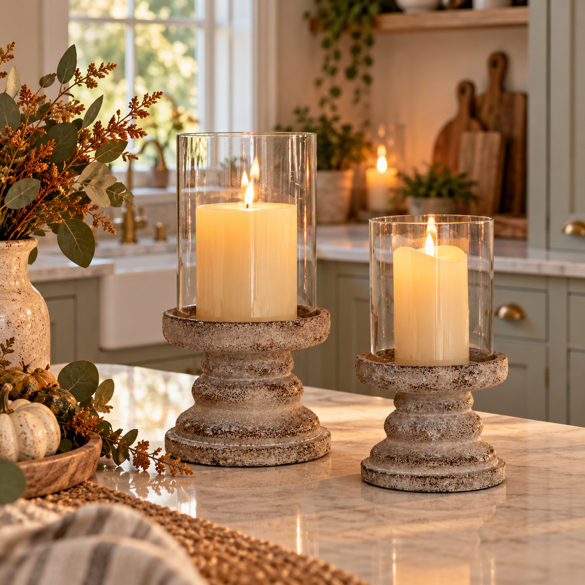 Ferro Large Hurricane Lantern Lifestyle Image in Shaker Kitchen