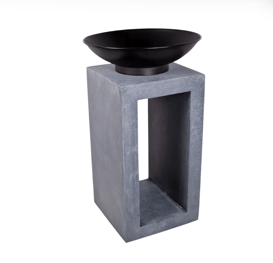 A modern black metal bowl pedestal table featuring a square concrete-look base with an open rectangular center, shown on a plain white background.