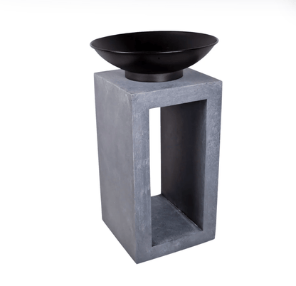 A modern black metal bowl pedestal table featuring a square concrete-look base with an open rectangular center, shown on a plain white background.