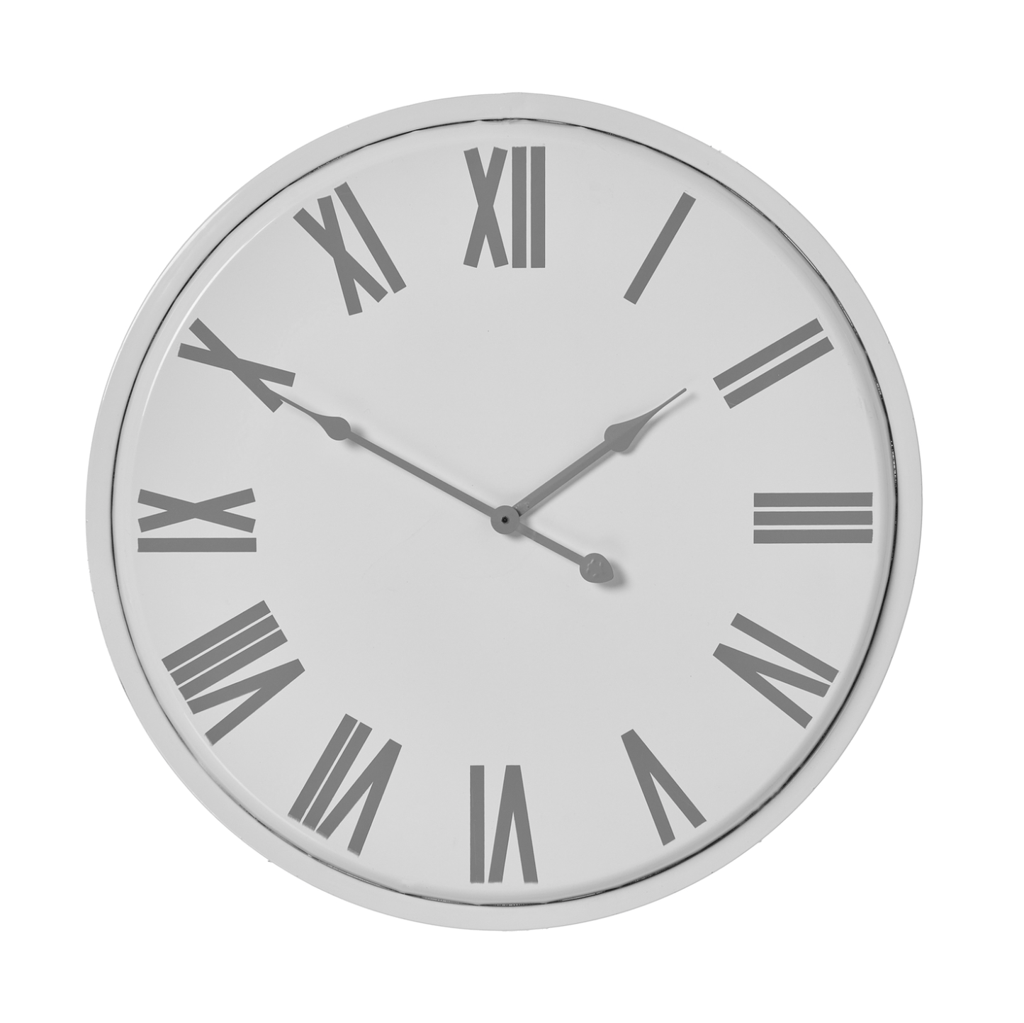 Round wall clock with Roman numeral markers on a white background