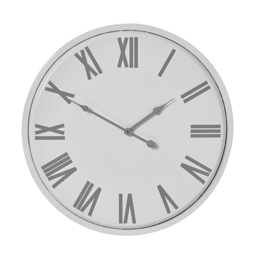 Round wall clock with Roman numeral markers on a white background