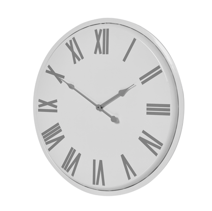 Round wall clock with Roman numeral markers on a white background