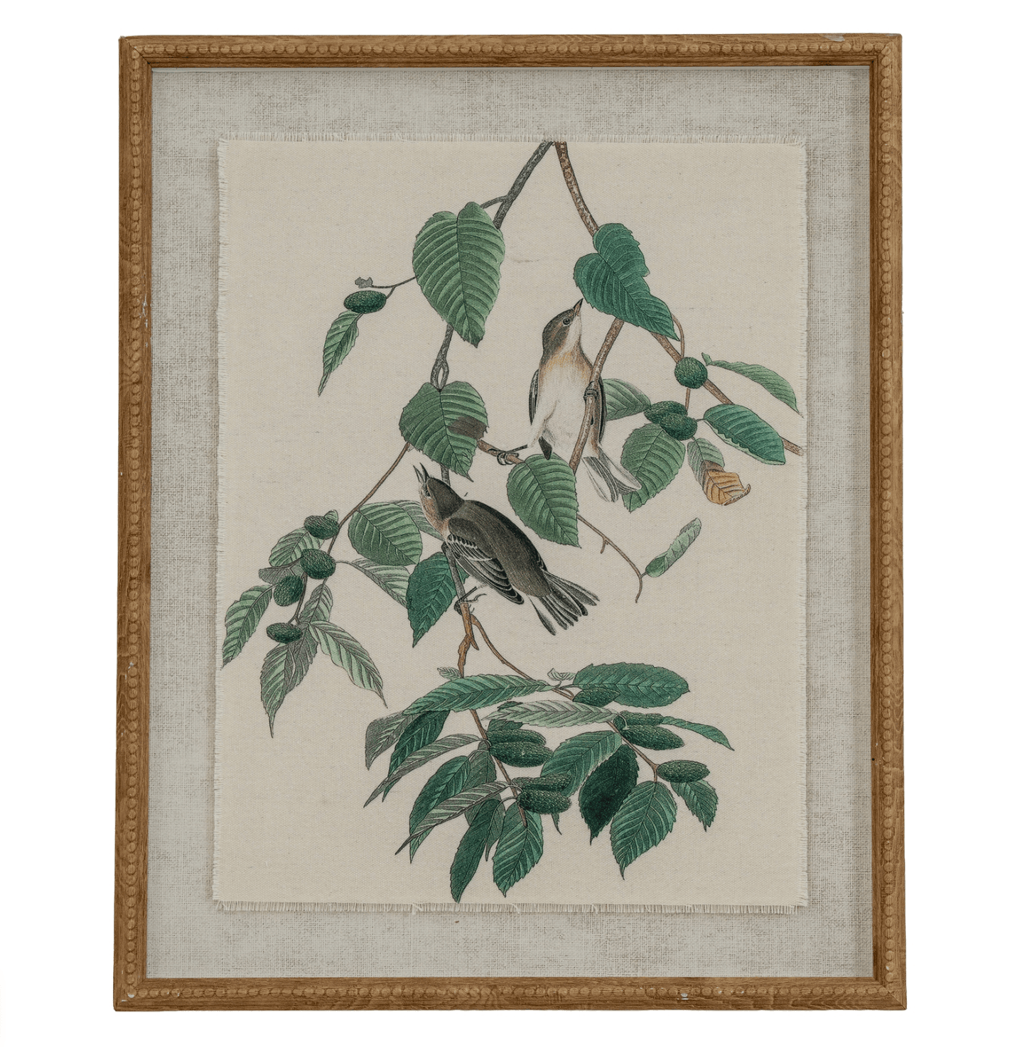 Framed artwork of birds on a branch with leaves