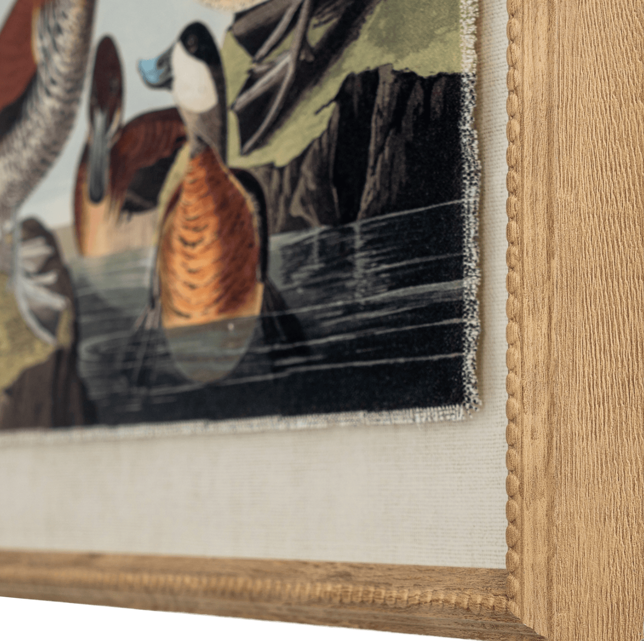 Close-up of a framed painting of ducks on a lake