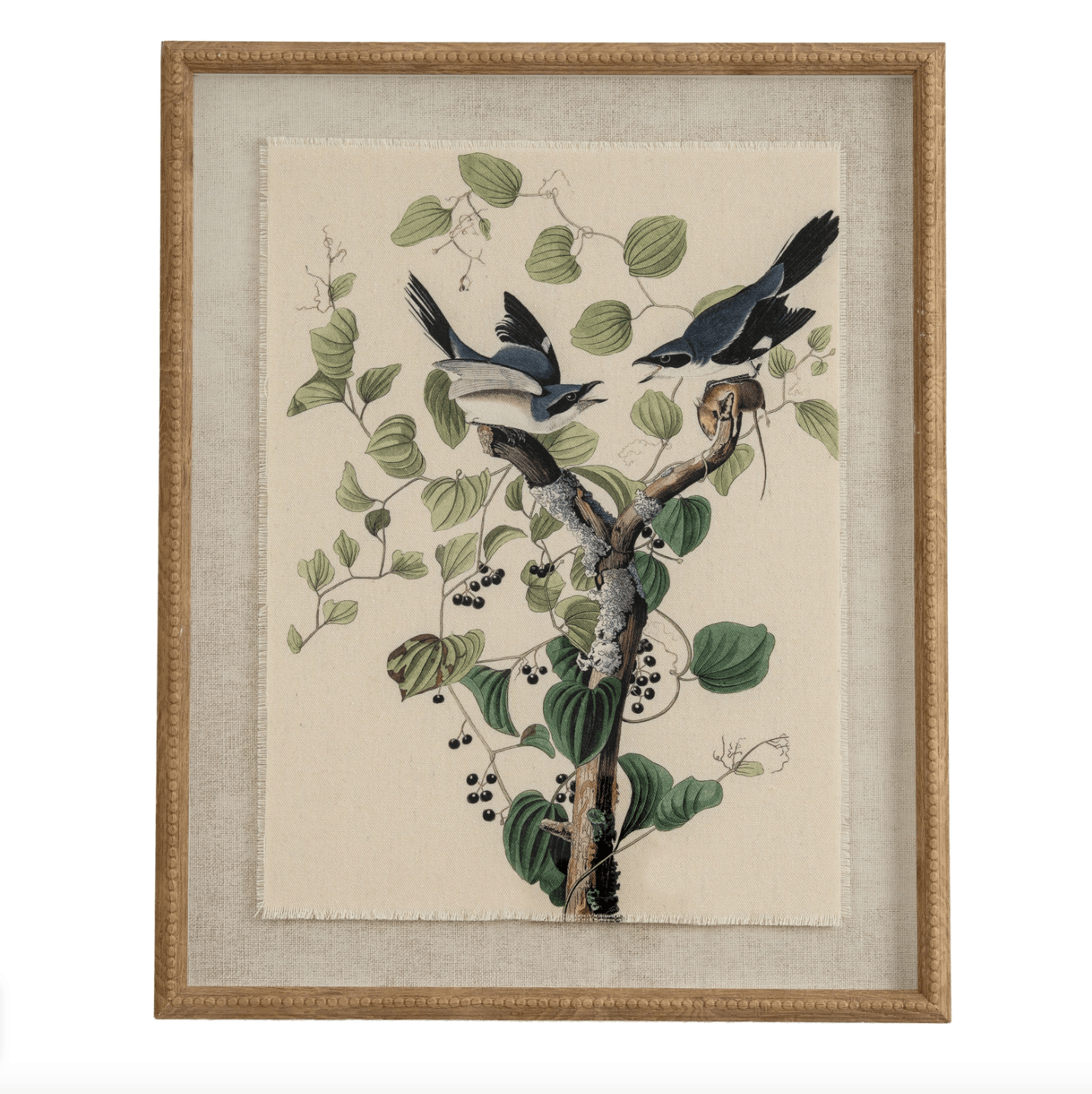 Framed artwork of birds on a branch with leaves and berries.