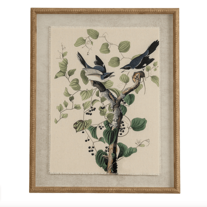 Framed artwork of birds on a branch with leaves and berries.