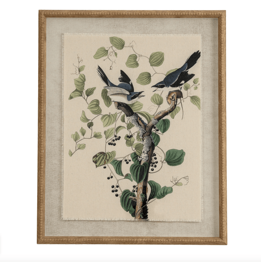 Framed artwork of birds on a branch with leaves and berries.