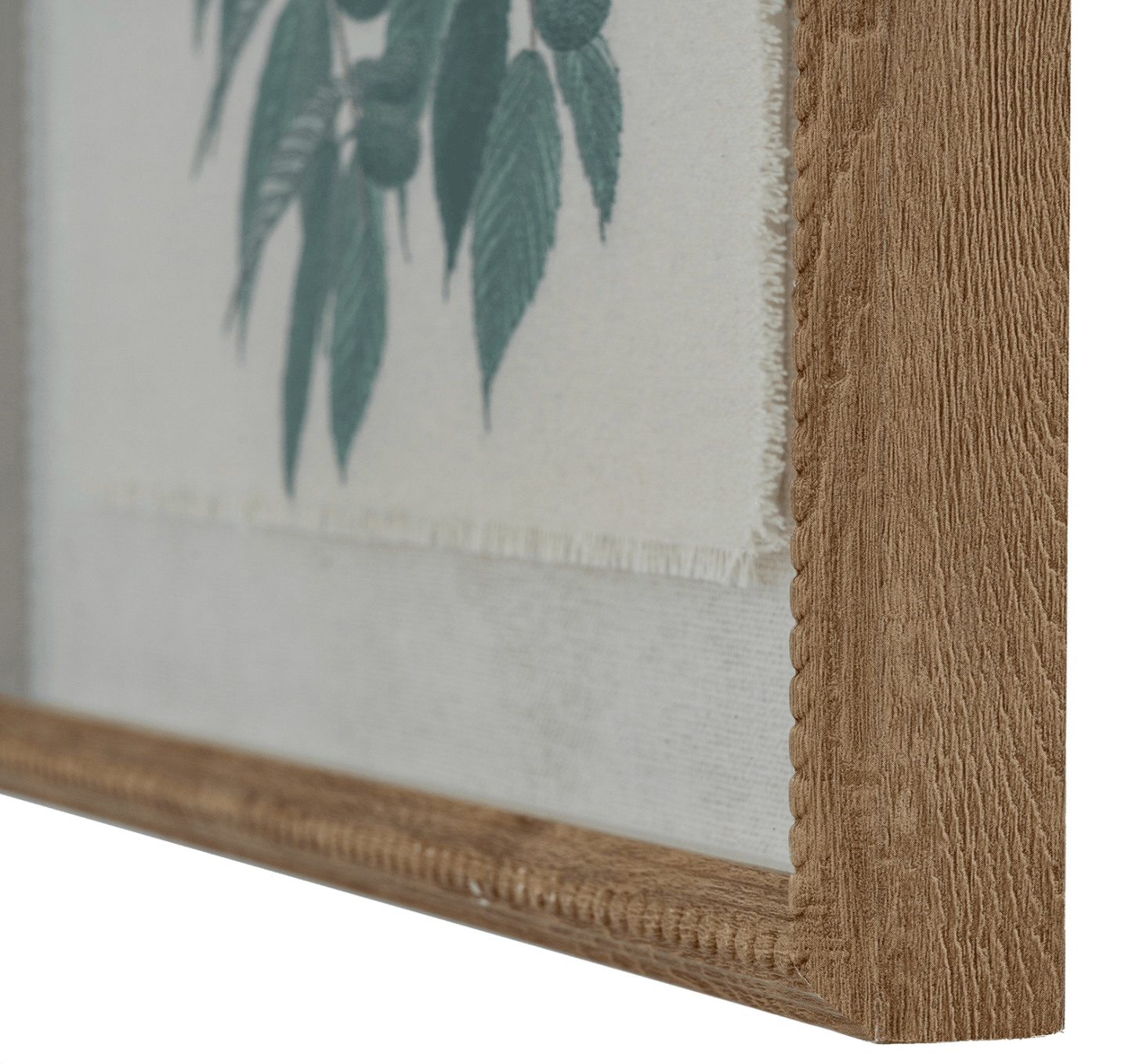 Framed artwork with a natural wood border and green leaf design.