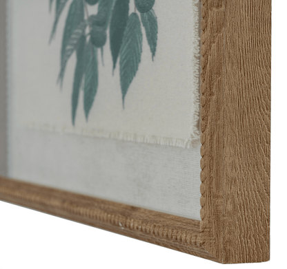 Framed artwork with a natural wood border and green leaf design.