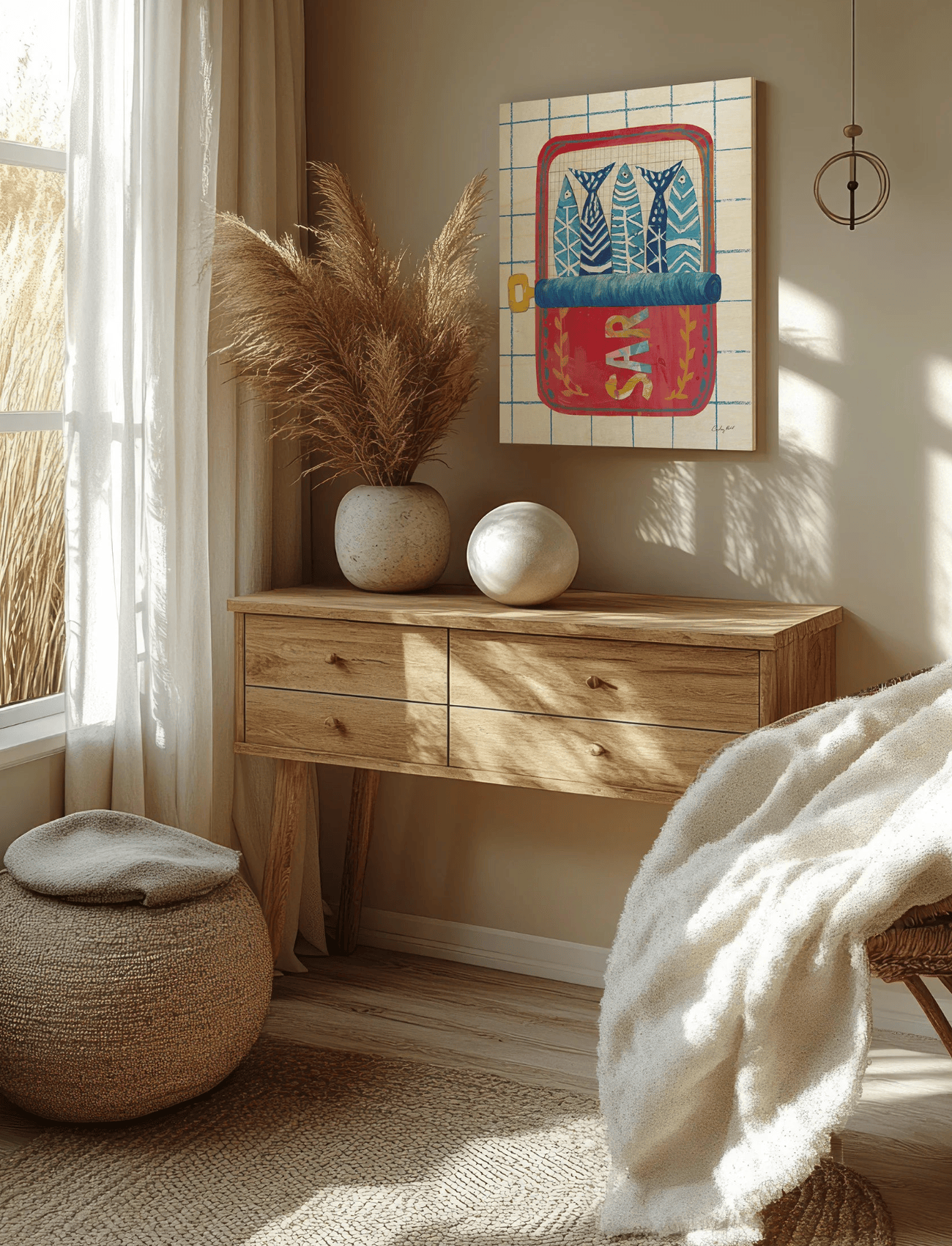 Silly Sardines 2 Print by Courtney Prahl mounted over a chest of drawers