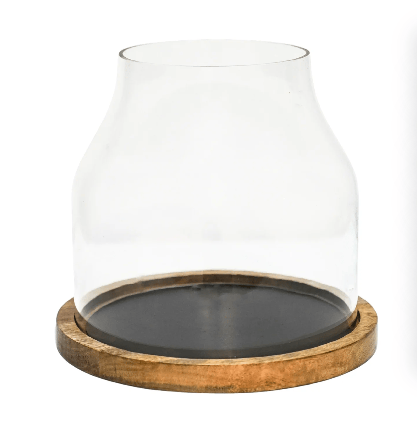 Clear glass dome shade with a flared rim, shown on a round wooden base with a black inner bottom, photographed against a plain white background.