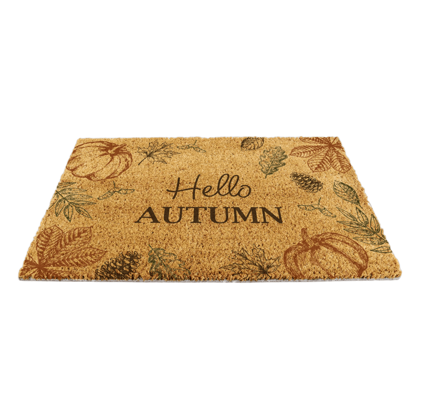 Doormat with 'Hello Autumn' text and fall-themed graphics on a white background