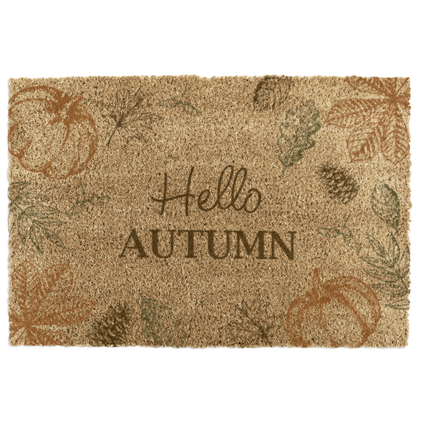 Doormat with 'Hello Autumn' text and fall-themed graphics on a white background