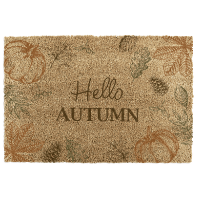 Doormat with 'Hello Autumn' text and fall-themed graphics on a white background