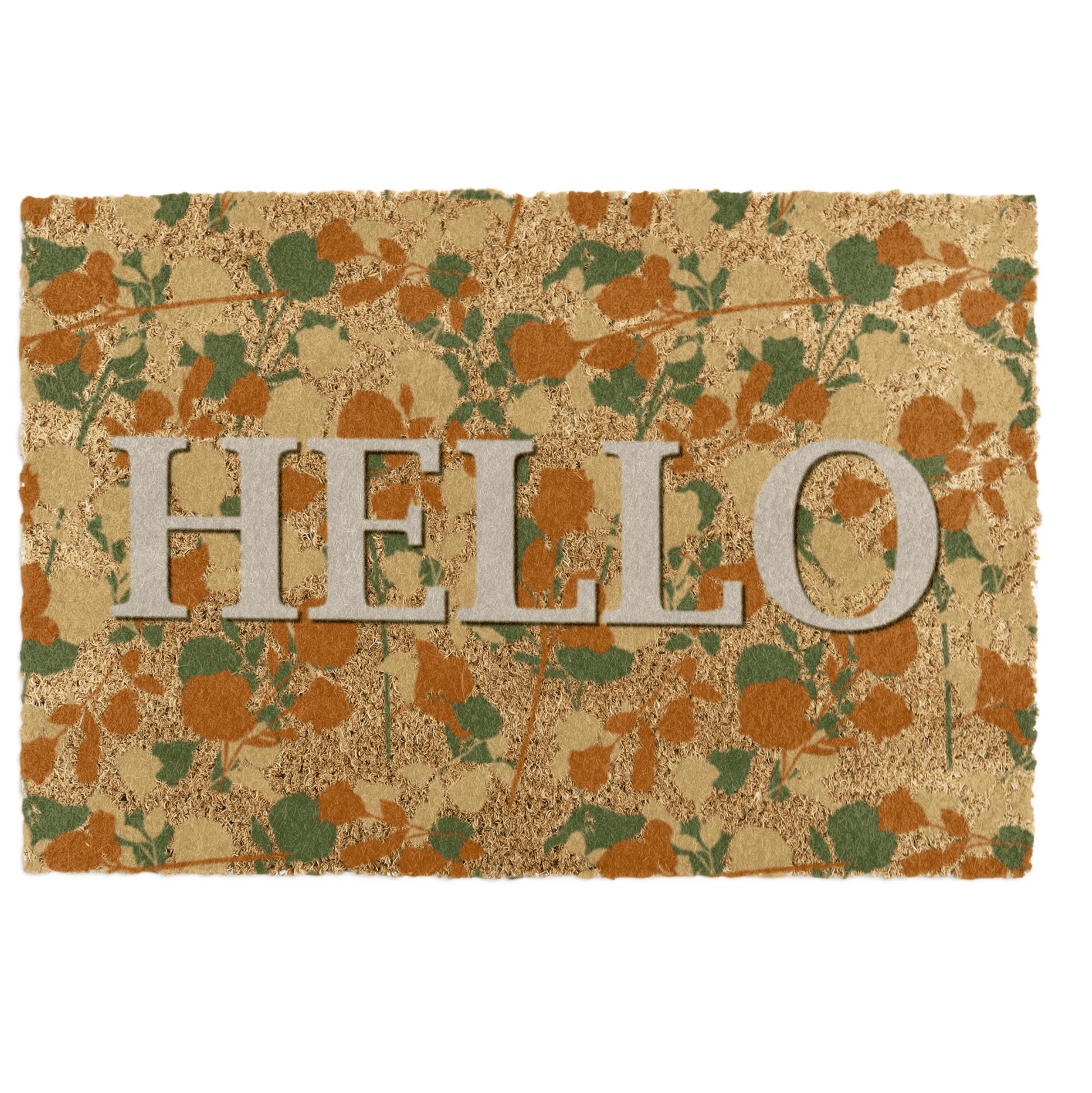 Floral-patterned doormat with 'HELLO' text on a white background