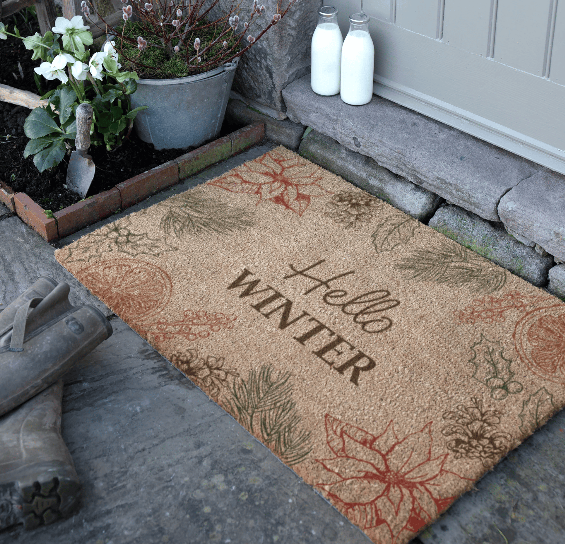 Doormat with 'Hello Winter' text on a stone step outside a door.
