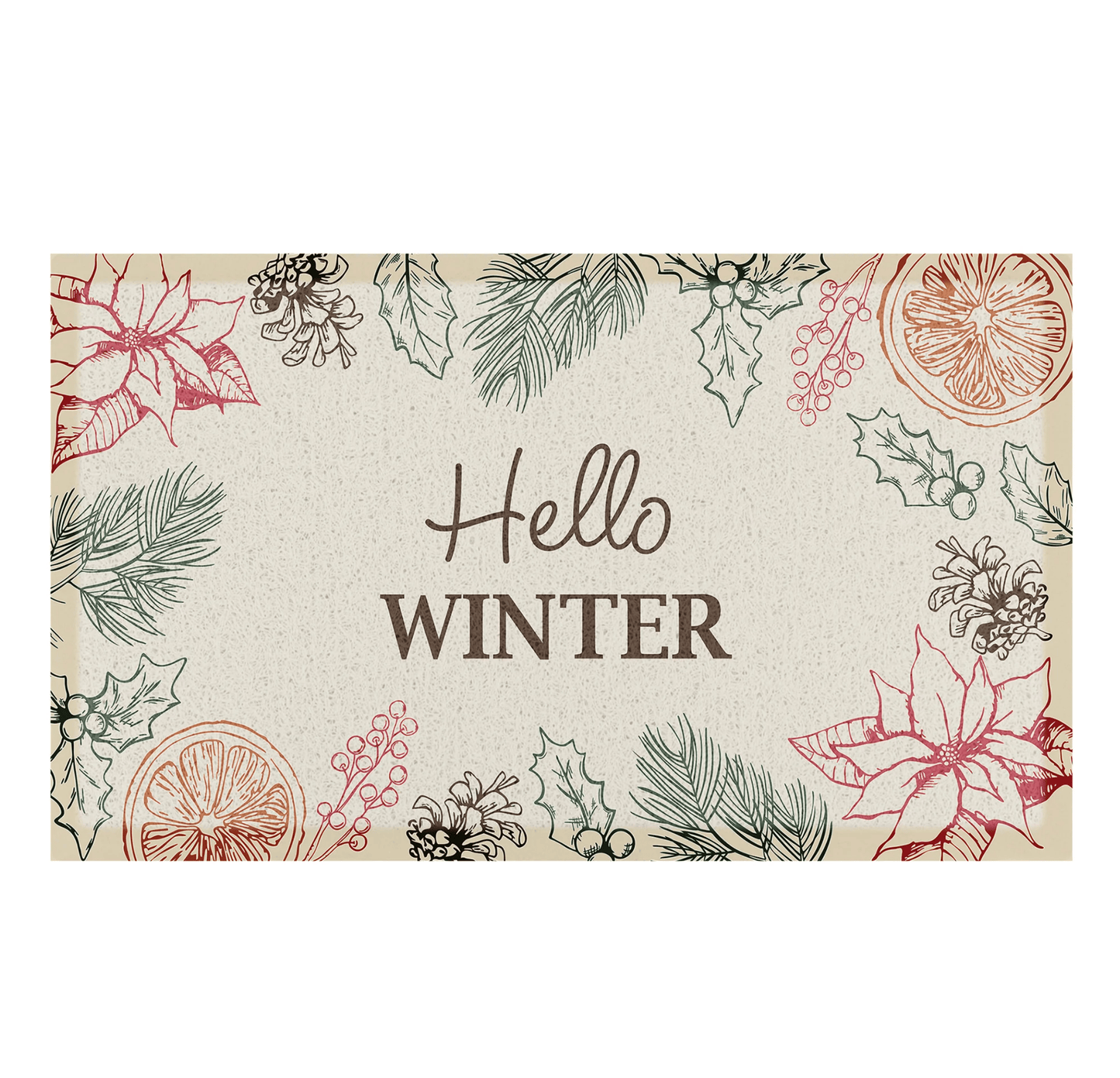 Decorative card with winter-themed illustrations and 'Hello Winter' text on a white background.