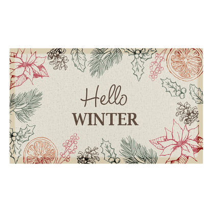 Decorative card with winter-themed illustrations and 'Hello Winter' text on a white background.
