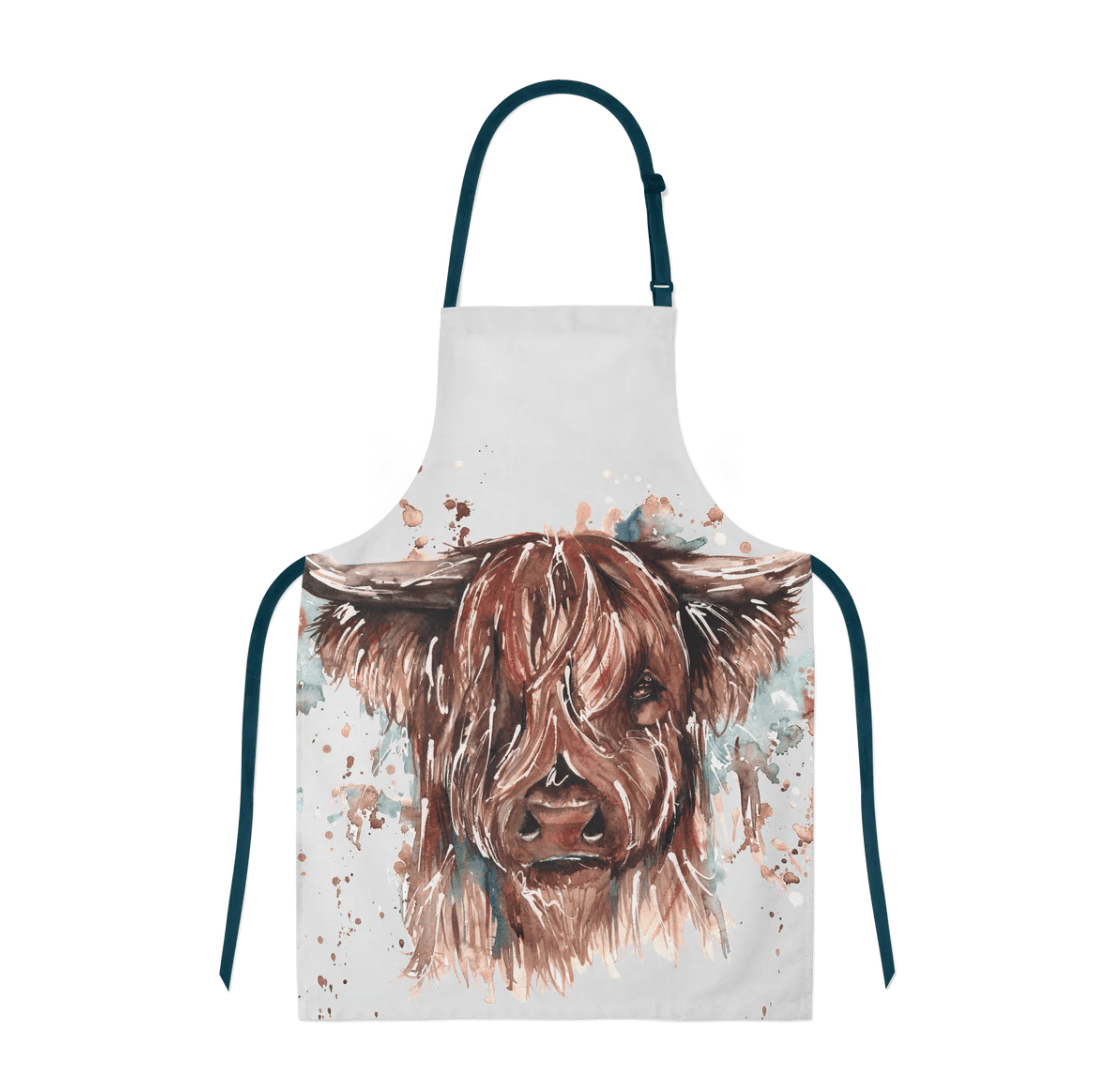 Apron with a highland cow design on a white background