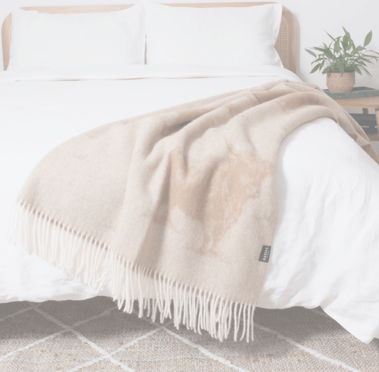 Highland Cow Beige Blanket Made with 100% Wool