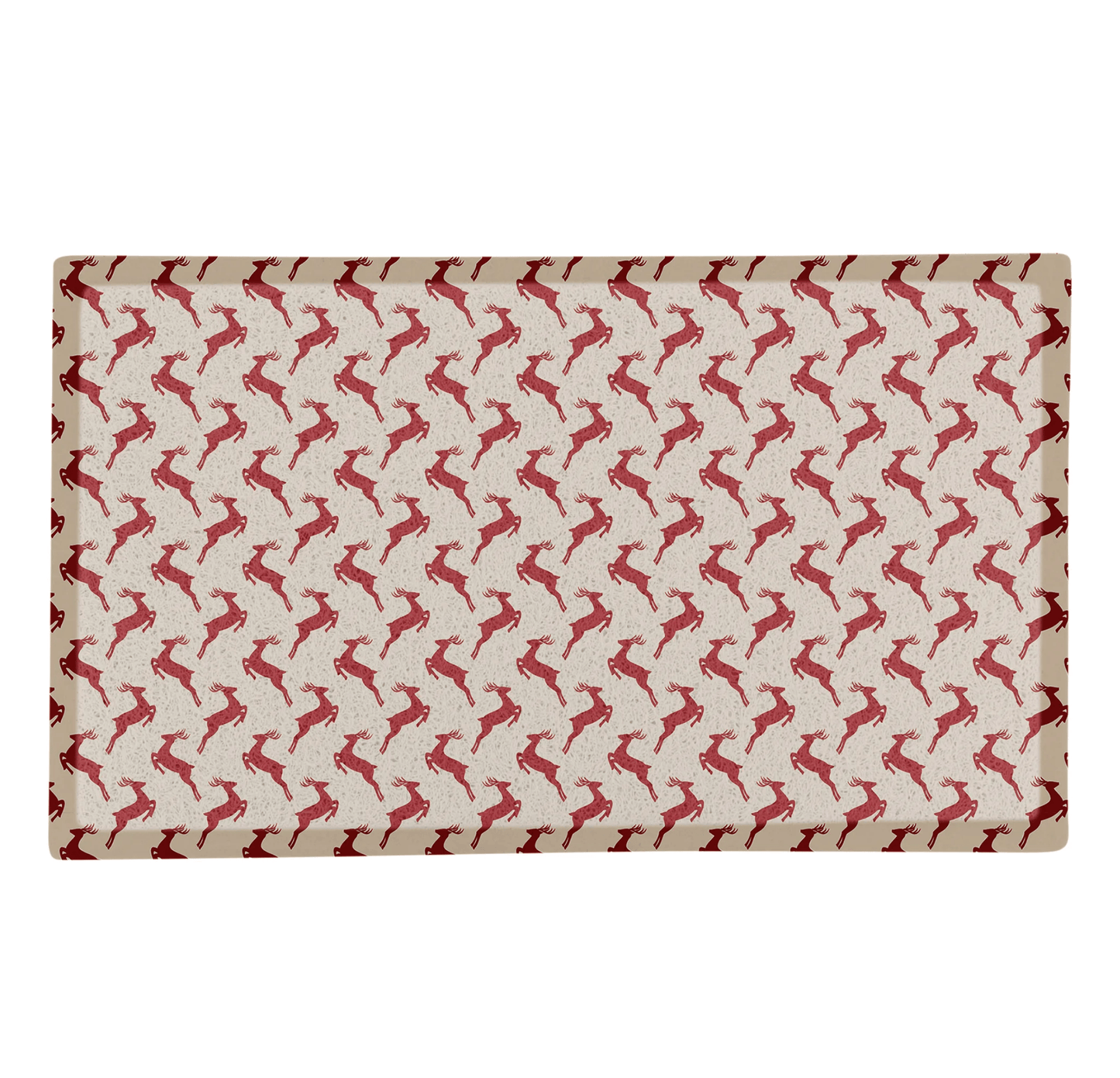 Rectangular fabric swatch with red deer pattern on a white background