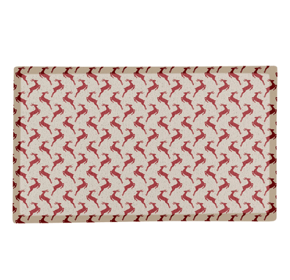Rectangular fabric swatch with red deer pattern on a white background