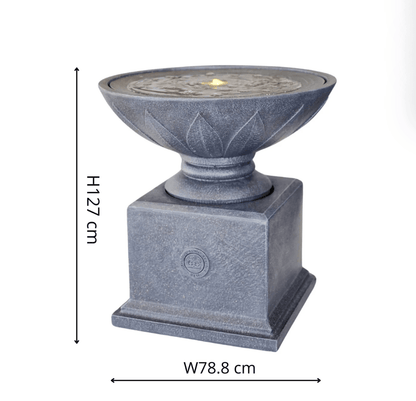 A gray stone-finish outdoor pedestal planter with a lotus-shaped bowl on top, shown with dimension lines indicating height of 1127 cm and width of 788 cm on a white background.