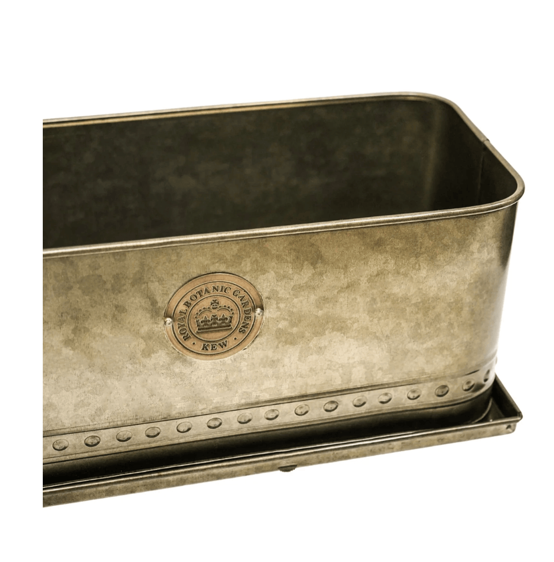 Metal planter with a brand logo on a white background