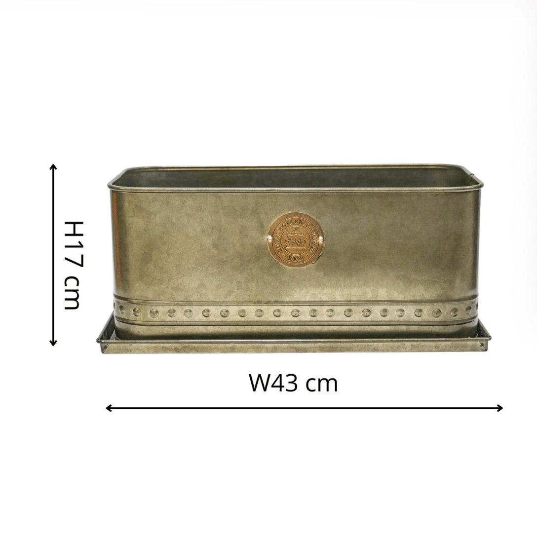 Rectangular metal planter with dimensions on a white background