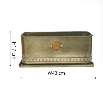 Rectangular metal planter with dimensions on a white background