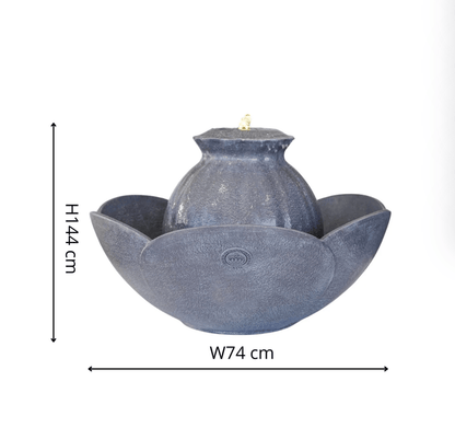 A dark gray stone fountain with a central rounded pool and two side basins, shown on a white background with black dimension lines indicating height of 1144 cm and width of 774 cm.