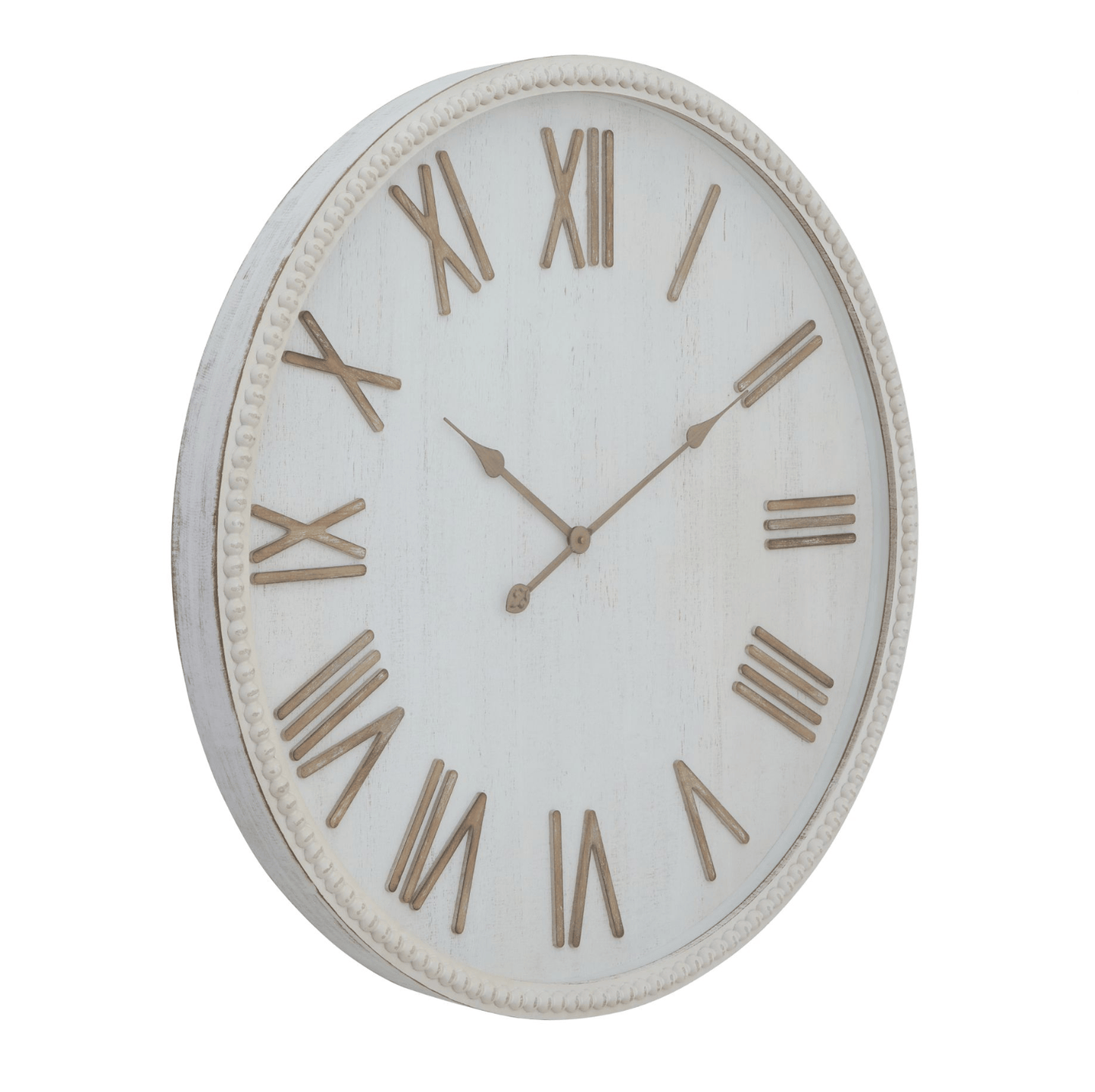 Round wall clock with Roman numeral markers on a white background