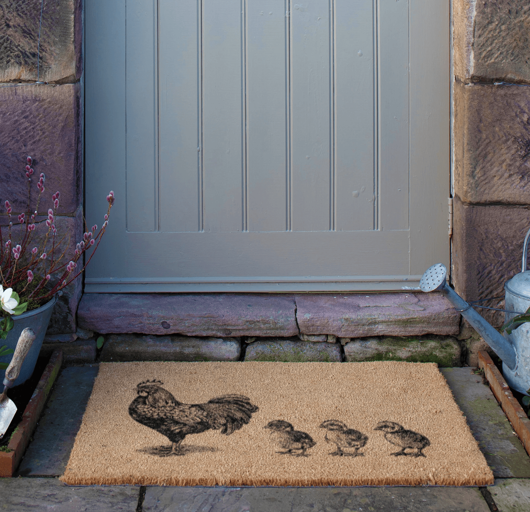 Doormat with a hen and chicks design in front of a door.