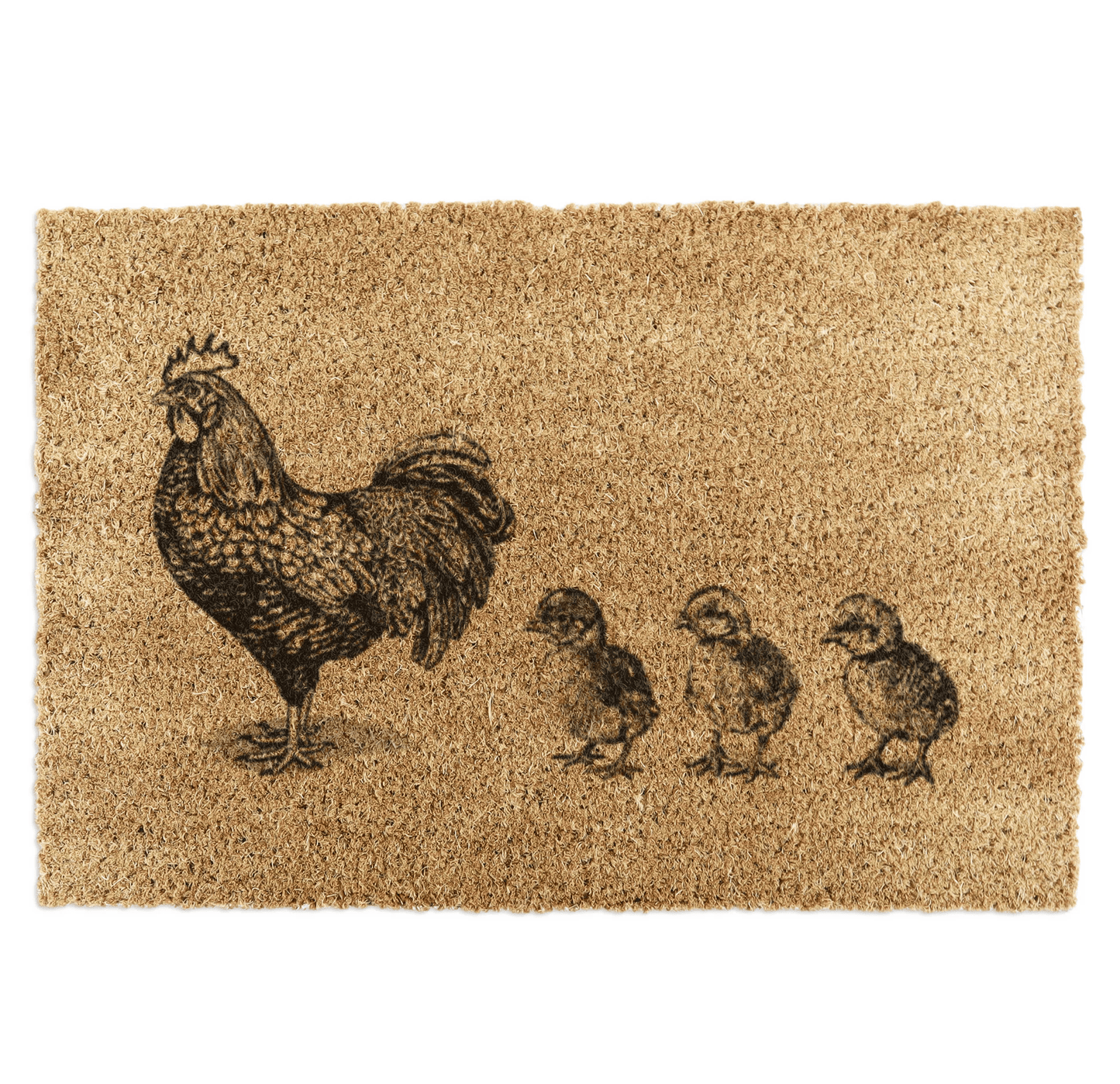 Doormat with a hen and three chicks design on a beige background
